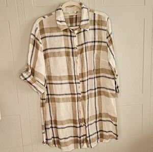 Zanetti Womens Cream Tan Blue Plaid Long Roll Tab Sleeve Linen Blouse Size XXXL
